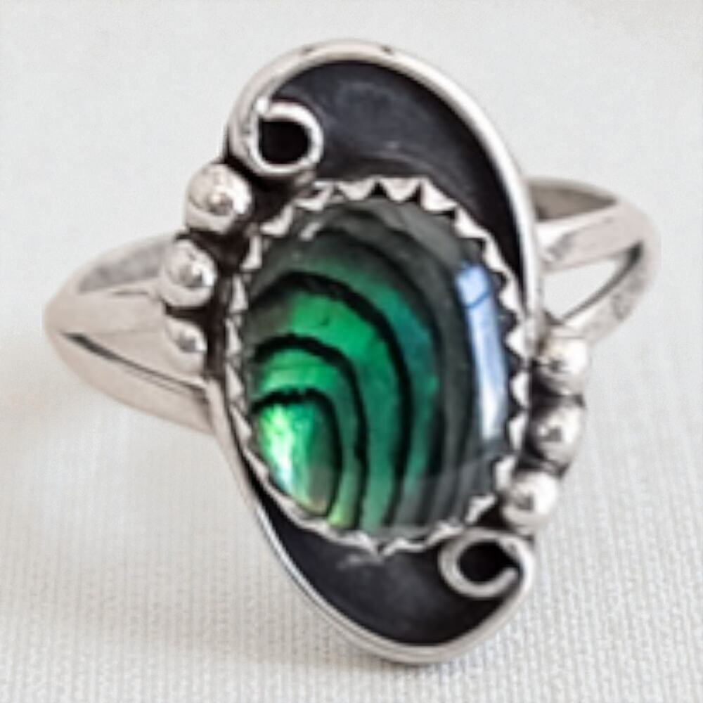 Vintage Native American Sterling Silver 925 Green Abalone Shell Inlay Ring 5.75